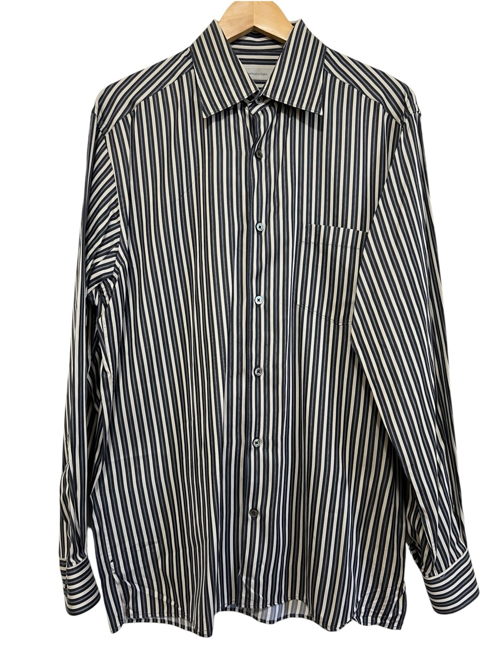 Ermenegildo Zegna Black/Tan Vertical Stripe Button Down Dress Shirt Large Italy
